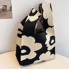 Eoitushy Women's Tote Bag, Small, Lightweight, Vertical, Travel, All Season, Stylish, Knitting, Mini Bag, Flower (black)