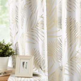 Ronaldecor Leaf Blackout Curtains for Bedroom Tropical Gold Patterned Curtain Panels Darkening Thermal Insulated Soundproof Grommet Top Window Treatments Set, 52x63Inch, 2 Panels