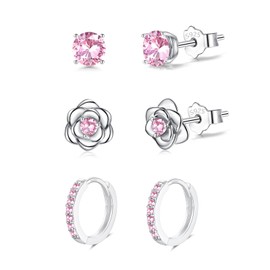 3 Pairs Sterling Silver Stud Earrings Set for Multiple Piercing Small Cartilage Hoop Earring and Rose Flower Pink Cubic Zirconia Studs Huggie Hoop Earrings for Women Teen Girls Kids Jewellery Gifts