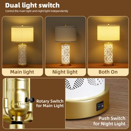 22'' Modern Ceramic Table Lamps Set of 2, Bedside Lamps with Hollow-Out Ceramic Design,USB A+C & 3 Color Temperature, Lamps for Night Stands with Night Light for Living Room and Bedroom(with 2 Bulbs)