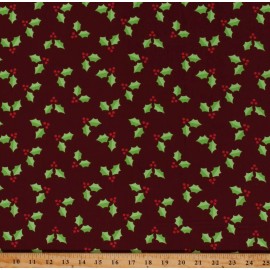 Fields Fabrics Cotton Holly Plants Christmas Seasonal Burgundy Fabric Print by the Yard D403.25