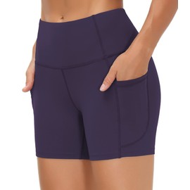 THE GYM PEOPLE - Pantalones Cortos de Yoga de Cintura Alta para Mujer, Control de Abdomen, Fitness, Atletismo, Pantalones Cortos para Correr con Bolsillos Profundos, Púrpura, Large