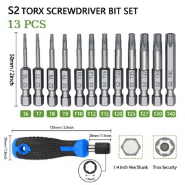 13 Pcs Torx Head Screwdriver Bit Sets Tamper Proof Torx Bit Set Star Screwdriver Set With Hole 1/4 Inch Security Torx Set Magnetic Security Hex Bit Set For Car Fixings Screwdriver, Impact Drill(T5-T40
