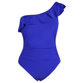 Mycoco Trajes de baño de una pieza para mujer, con un hombro fruncido y volantes, Azul Real, 16