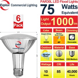 Explux Commercial-Grade LED PAR30 Flood Light Bulb, 75W Equivalent, 40000 Hours, Dimmable, Full-Glass Waterproof & Anti-Ageing, Bright White 3000K, 6-Pack