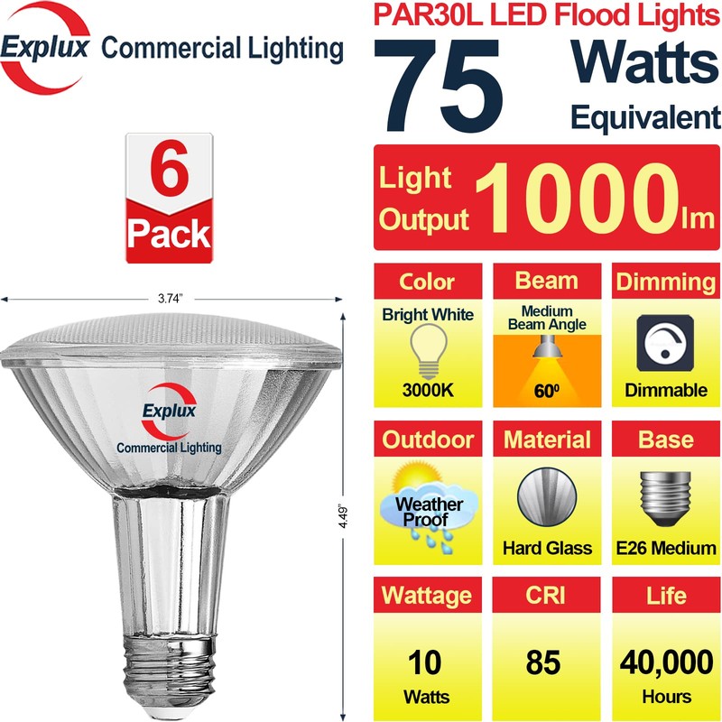 Explux Commercial-Grade LED PAR30 Flood Light Bulb, 75W Equivalent, 40000