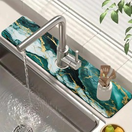 Green Marble Sink Splash Guard Faucet Mat Liquid Gold Marble Super Absorbent Fast Drying Mat Sink Gadgets-Splash Guard Behind Faucet Drip Catcher for Kitchen Bathroom, 23.5"x5.5"