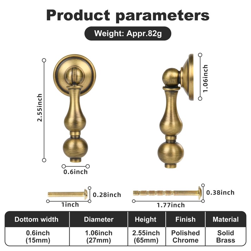 SALISENG Antique Brass Cabinet Drop Pulls 6 Pack, Solid Brass