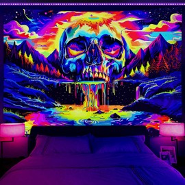Trippy Skull Blacklight Tapestry UV Reactive, Cool Gothic Skeleton Forest Mountain Neon Black Light Art Poster For Men Room Bedroom, Funny Sublime Glow In The Dark Party Decor (60X40)