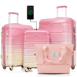 Merax 4 Pcs Expandable ABS Hardshell Luggage Spinner Wheel Suitcase TSA Lock Suit Case, Gradient Pink, 4-Piece Set