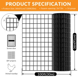 Welded Wire Fence, 36 Inch x 100 Foot Black PVC Coated Wire Mesh, 2 Inch x 3 Inch 16GA Garden Border Fencing Roll Vinyl Coating Metal Wire Mesh for Yard Vegetable Plant Protection Poultry Netting