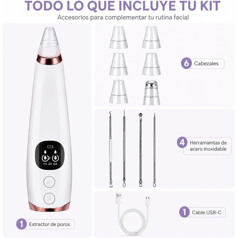 Succionador de Puntos Negros, 3 Niveles, 6 Cabezales y Pantalla