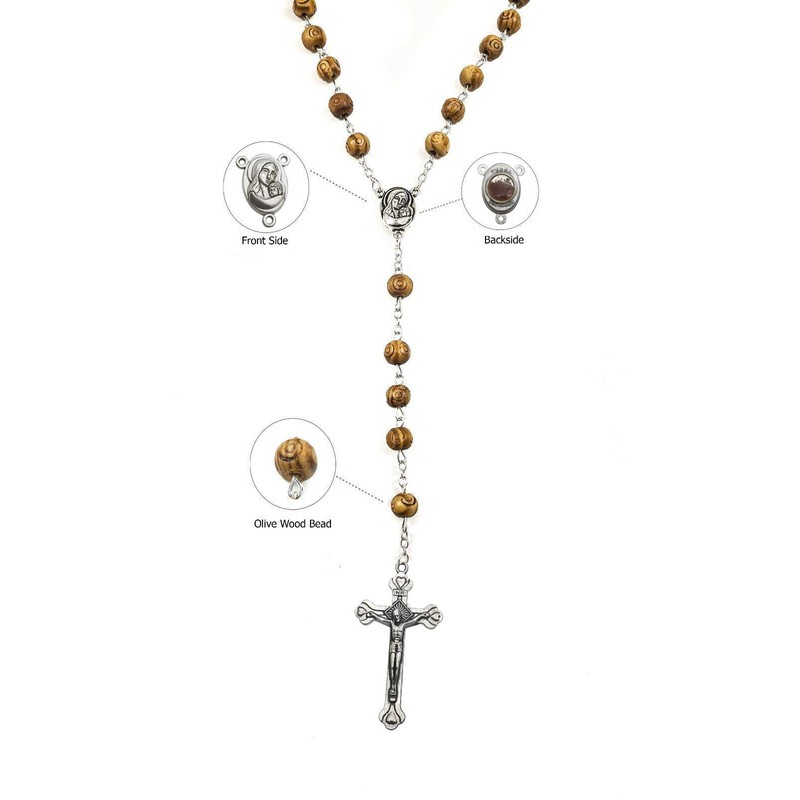 Nazareth Store Carved Wood Beads Rosary Necklace Holy Soil Medal