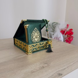 VOGUEHOMEDECOR Velvet Covered Quran Tasbeeh Islamic Gift Set | Holy Prayer Beads Wooden Box Birthday, Wedding Islam Graduation Muslim Favor Eid, Ramadan (Green), Small Size / (6 x 6 in) Box-(3.8 4.85