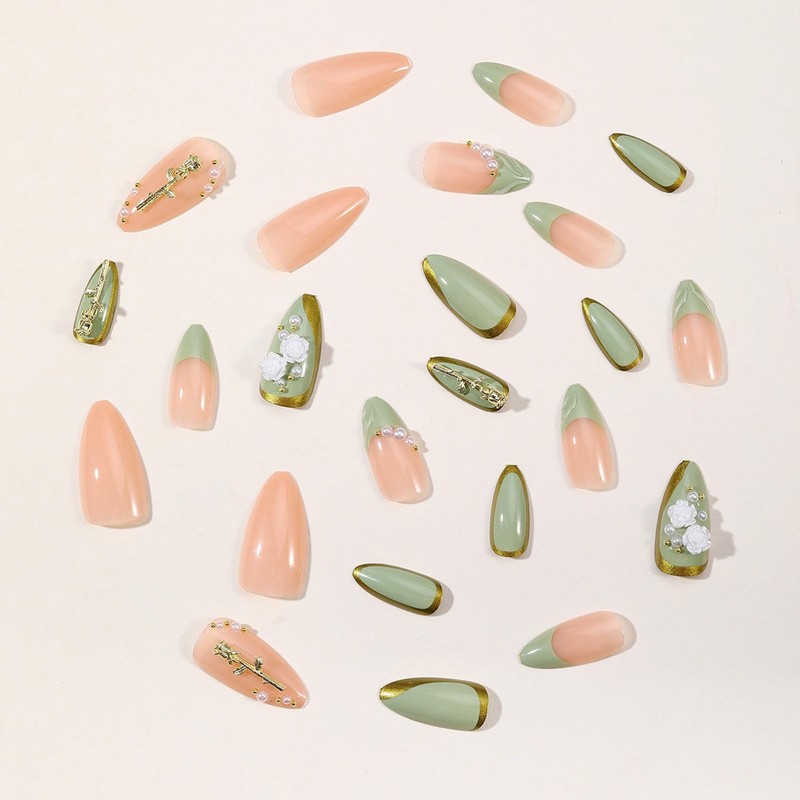 3D French Tip Press on Nails Medium Almond Fake Nails