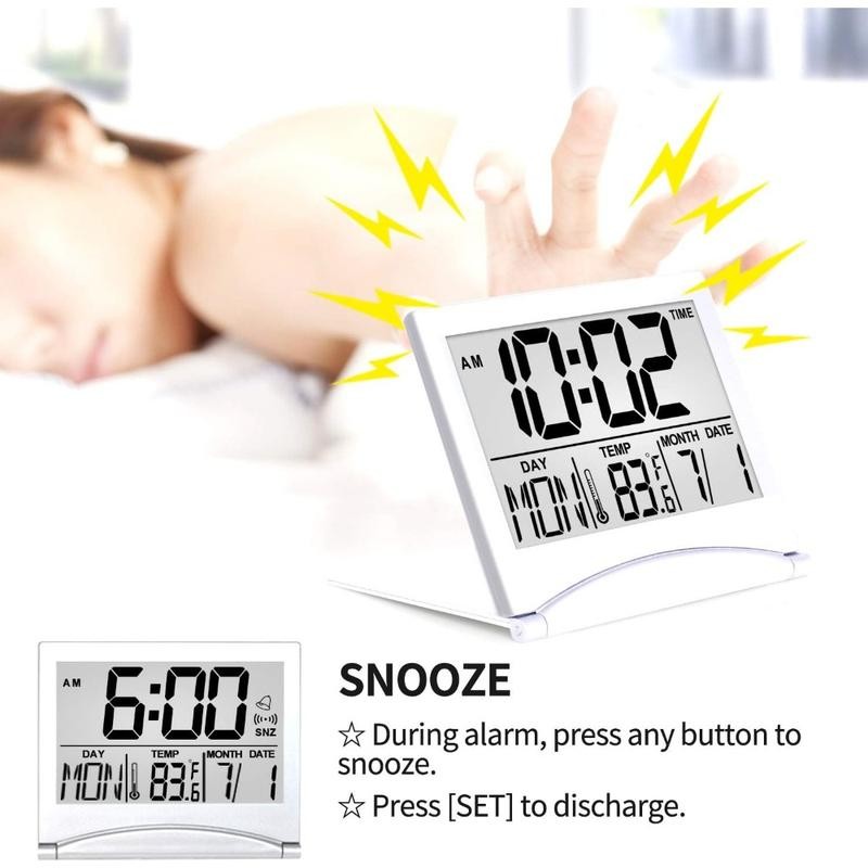Digital Travel Alarm Clock - Foldable Calendar Temperature Timer LCD