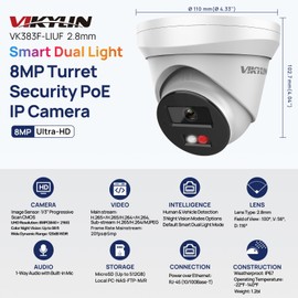 VIKYLIN 4K 8MP PoE Camera with Smart Dual Light Full Color Night Vision 98ft, IP Cmera with AI Human/Vehicle Detection, One-way Audio, ON-VIF, H-265+, IP67, 120dB WDR, SD Card Slot(up to 512GB)