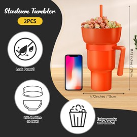 Baderke 2 Pcs Stadium Tumbler with Snack Bowl 32 oz 2 in 1 Travel Cup with Snack Bowl Leak Proof Snack and Drink Cup Portable Reusable Snack Tumbler Cup with Bowl on Top and Straw (Rose Red,Orange)