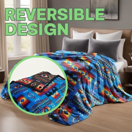 Sacred Thread Fleece Blanket 79"x95" South Western Blankets Reversible Mexican Blankets Vibrant Aztec Blankets and Throws for Aztec Decor for Home Native American Throw Blanket in Flannel Blue Queen
