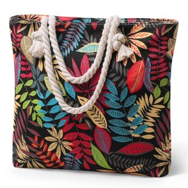 Haiane Beach Bag, Shopping Bag, Foldable with Zip, Waterproof Swimming Bag Made of High-Quality Canvas, Sauna Bag for Beach, Travel, Shopping, Toy Storage, Gym, Black Leaves