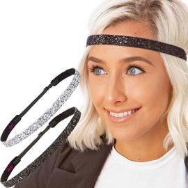 Hipsy Women's Adjustable NON SLIP Skinny Bling Glitter Headband Black Duo 2pk (Black & Silver)