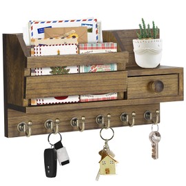 VIS'V Key Holder Wall Mount, Wooden Mail and Key Organizer with Drawer and Shelf, 2 Slots, 6 Hooks, Brown