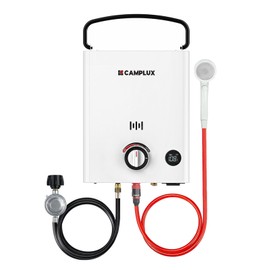CAMPLUX First F5 Portable Propane Water Heater 1.32 GPM, 34,000 BTU, for RVs, Campings, Cabins & Barns, Ultra Portable Screw-Free Design, Quick Setup & 2-in-1 Easy Temperature Control