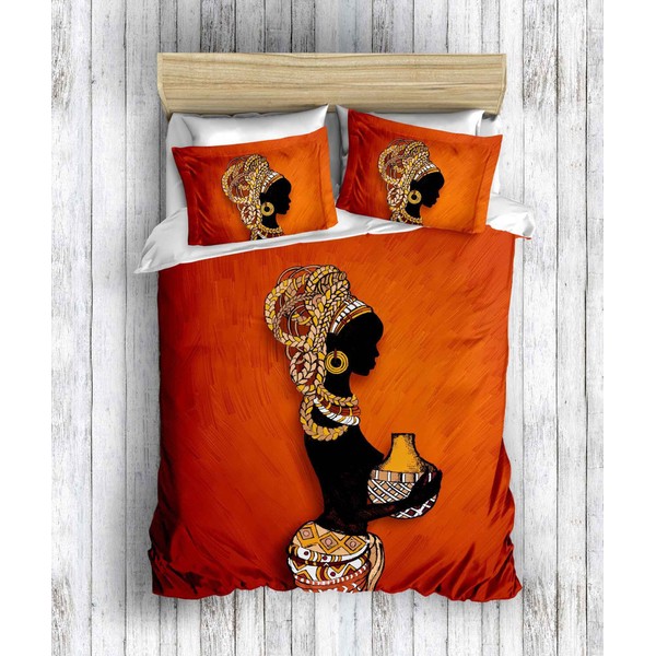 3D Printed 100% Cotton Bedding Set, Traditional African Women Themed, Full/Queen Size Quilt/Duvet Cover Set, Orange, Comforter Included (4 Pcs)