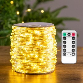 PCORES Plug in Fairy Lights 100 Feet 300 LED Warm White Silver Wire Remote Control Indoor Outdoor String Lights for Bedroom Living Room Patio Porch Garden Christmas Tree