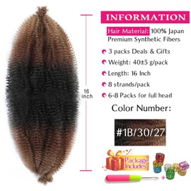 Afro Twist Hair Springy Afro Twist Hair 16 Inch 3 Packs Pre Fluffed Spring Twist Hair Pre Stretched Wrapping Hair for Soft Locs Hair Extensions (16 Inch (Pack of 3), 1B/30/27#)