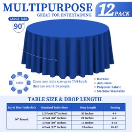 Showgeous 12 Pack Royal Blue Round Tablecloth 90 Inch Washable Polyester Tablecloths for Round Tables Wrinkle Resistant Round Table Cloth Decorative Fabric Table Cover for Dining Wedding Party Banquet