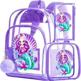 AGSDON 3PCS Clear Backpack for Girls, Kids Mermaid Transparent Bookbag Heavy Duty, Cute See Through Backpacks with Lunch Bag - Purple