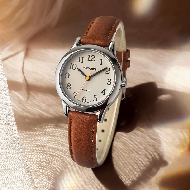 PINDOWS Minimalist Watches for Women, Gold-Tone Case with Black Leather