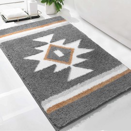 TANVILL Boho Bathroom Rugs Grey Bath Mat Non Slip Soft Absorbent Bath Rug, Western Geometric Luxury Plush Floor Mat for Farmhouse Bathroom Shower Kitchen Modern Decor, 24x36