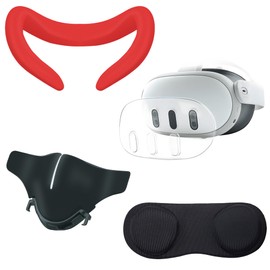 TNE Face Cushion Cover, Nose Guard/Light Blocker, Outer Shell, Thumbstick Caps, Lens Pad for Meta Quest 3 | Silicone Face Pad Cover, Front Cover, Lens Dust Protector Accessories for VR Headset (Red)
