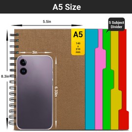 EUSOAR 5 Subject Notebook Hardcover, 3pcs A5 5.5"x8.3" College Ruled Spiral Writing Pad, Thick 100GSM 120Sheets/ 240Pages Journaling Notebooks for College Office Note Taking Writing-Kraft