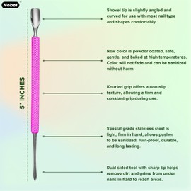 Nobelcrafts - Surgical Grade Pusher Stainless Steel Cuticle Remover For Fingernails - Professional Double Ended Manicure Tool - (792s Pink)
