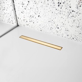 32 inch Linear Shower Drain with Removable Square Hole Panel by Using Brushed 304 Stainless Steel Process, Linear Drain Equipped with Adjustable Feet and Hair Strainer(Brushed Gold Color)