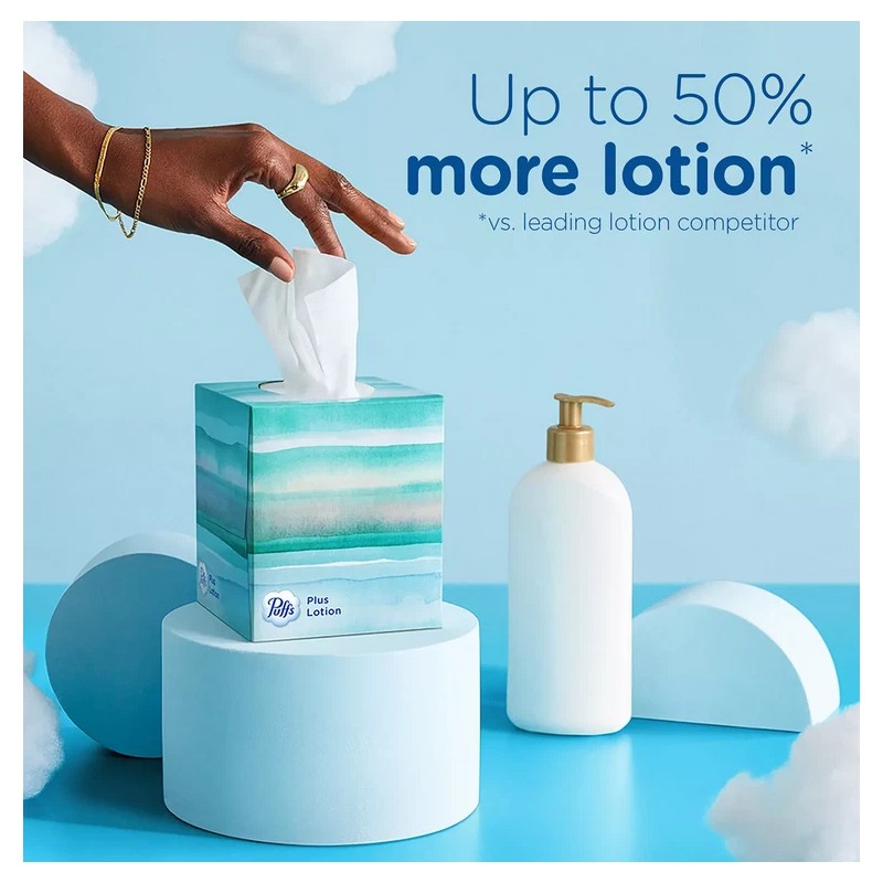 Puffs Plus Lotion 2-Ply Facial Tissues 12 Cube Boxes, 72
