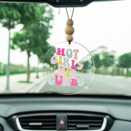 Talataca Hot Girls Hit Curbs 2D Flat Car Ornament & Wood Beads, Funny Quote Beaded Rear View Mirror Accessories, Retro Rearview Hanging Charm, Christmas Tree Decor