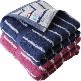 imaa Imabari Towel, Certified, Fluffy Bath Towel, Thin, Absorbent, Quick Drying, Made in Japan, Set of 2, 100% Cotton, Striped Navy x Striped Rose