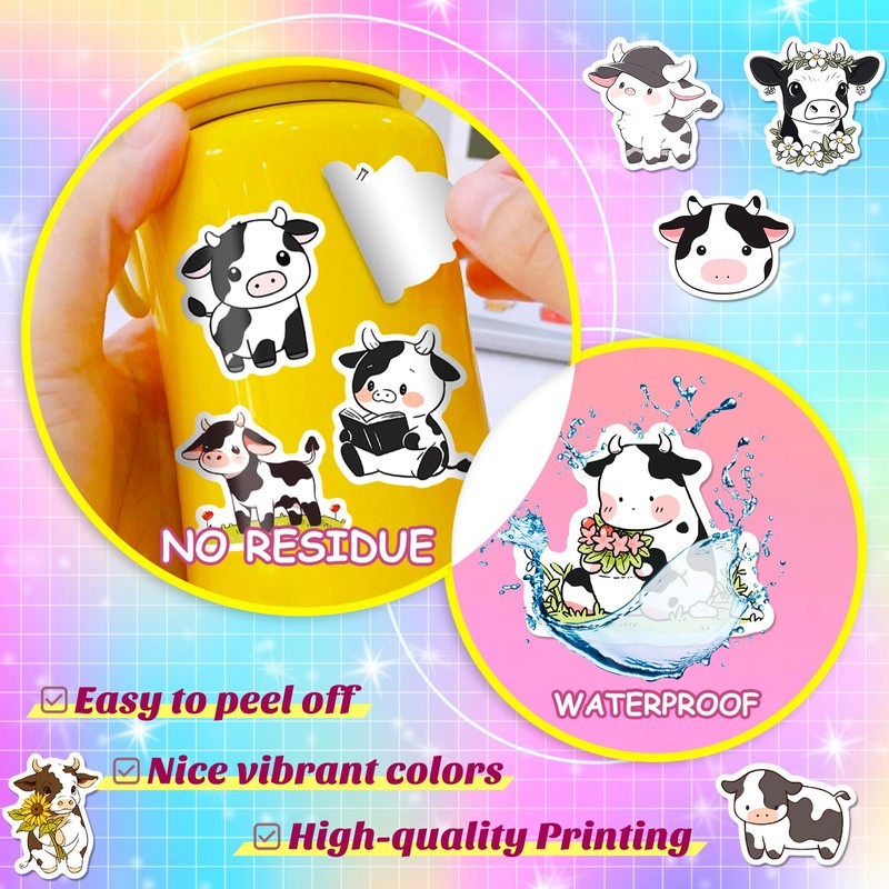 Cute Cow Stickers 50PCS, Waterproof Vinyl Farm Animal Decals for