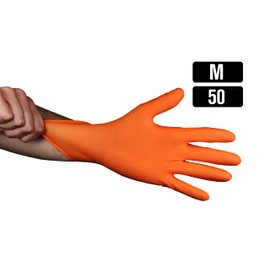 KMINA - Diamond Grip Nitrile Gloves MEDIUM (x1 Pack 50 units), Heavy Duty Nitrile Gloves Orange, Textured Nitrile Gloves, Mechanic Gloves Disposable, Powder Free Nitrile Gloves, Orange (LATEX FREE)