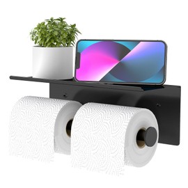 YUMORE Toilet Paper Holder, 304 Stainless Steel Bathroom Double Roll Tissue Holder with Shelf, Wall Mounted Washroom Dual TP Dispenser Storage（Black）