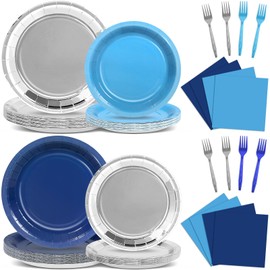 Oitnlaughter 96Pcs Navy Blue and Silver Birthday Party Decorations Blue and Silver Plates and Napkins Navy Paper Plates for Men and Boys Birthday Baby Shower Party Decorations 24 Guest