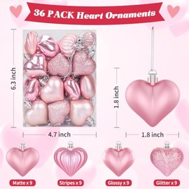 36 adornos de corazón para decoración del día de San Valentín, adornos de corazón rosa en forma de corazón para decoraciones colgantes del día de San Valentín o suministros de fiesta de aniversario de boda, decoración del árbol del hogar (4 estilos)