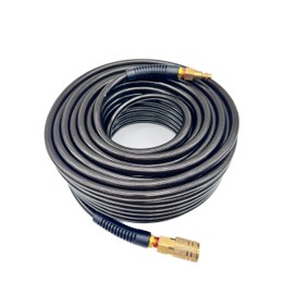 SYXQT Polyurethane(PU) 1/4-Inch x 100FT Reinforced, Air Hose with 1/4” Swivel Industrial Quick Coupler and Plug, Bend Restrictor,Black