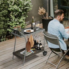 NUU GARDEN Outdoor Bar Table with Rolling Wheels, Outdoor Bar Cart Patio Wicker Bar Counter Table with 2 Steel Shelves and 2 Sets of Rails, Ideal for Garden, Backyard and Pool Side, Gray