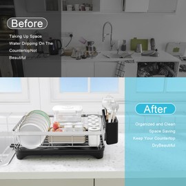 HOMEBOSILY Dish Drying Rack 304 Stainless Steel Dish Rack with Drainboard,Space Spaving Auto-Draining Drying Racks for Kitchen Counter,Large Capacity Dish Racks for Bowls, Cups, Dish Drainer Black