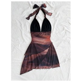 SOLY HUX Women's Sexy Leopard Print Halter V Neck Mini Dress Retro Backless Fitted Bodycon Dresses Brown Multi Large